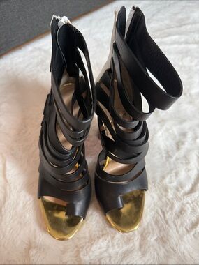 Christian Louboutin Black Strappy High-Heel Sandals with Gold Toe